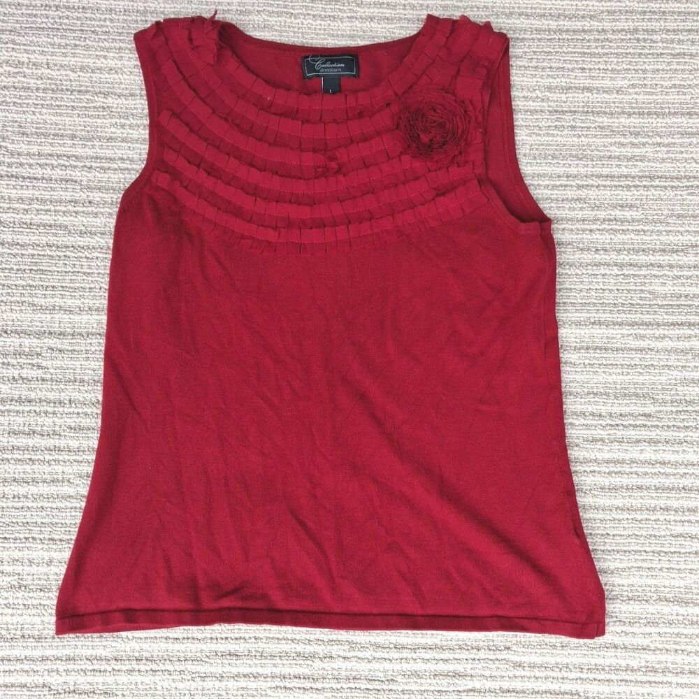 DRESSBARN COLLECTION RED SLEEVELESS ROSETTE RUFFLE SHELL TOP TANK BLOUSE L